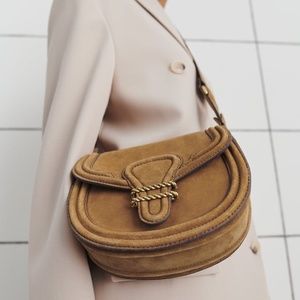 Zara Suede Crossbody Bag in Camel Brown with Gold Hardware